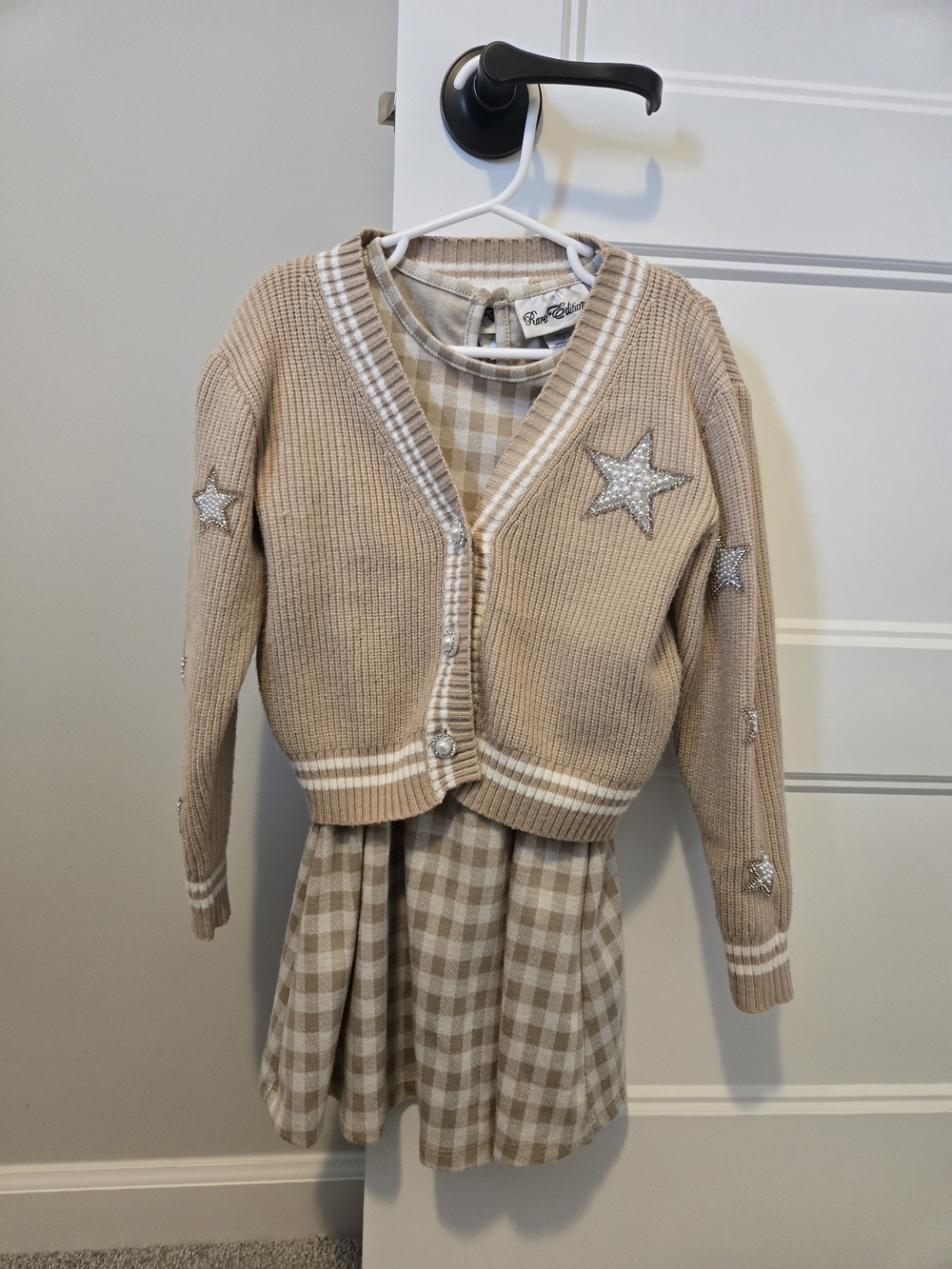 Girls Rare Editions Beige Star Embellished Girls' Cardigan & Dress Set. Size 5.